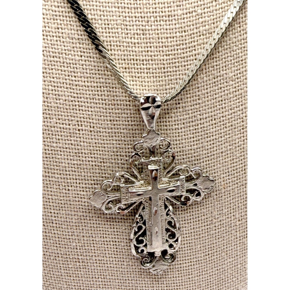 Silver Tone Filigree Cross Necklace 23" Flat Chain Ornate Religious Pendant